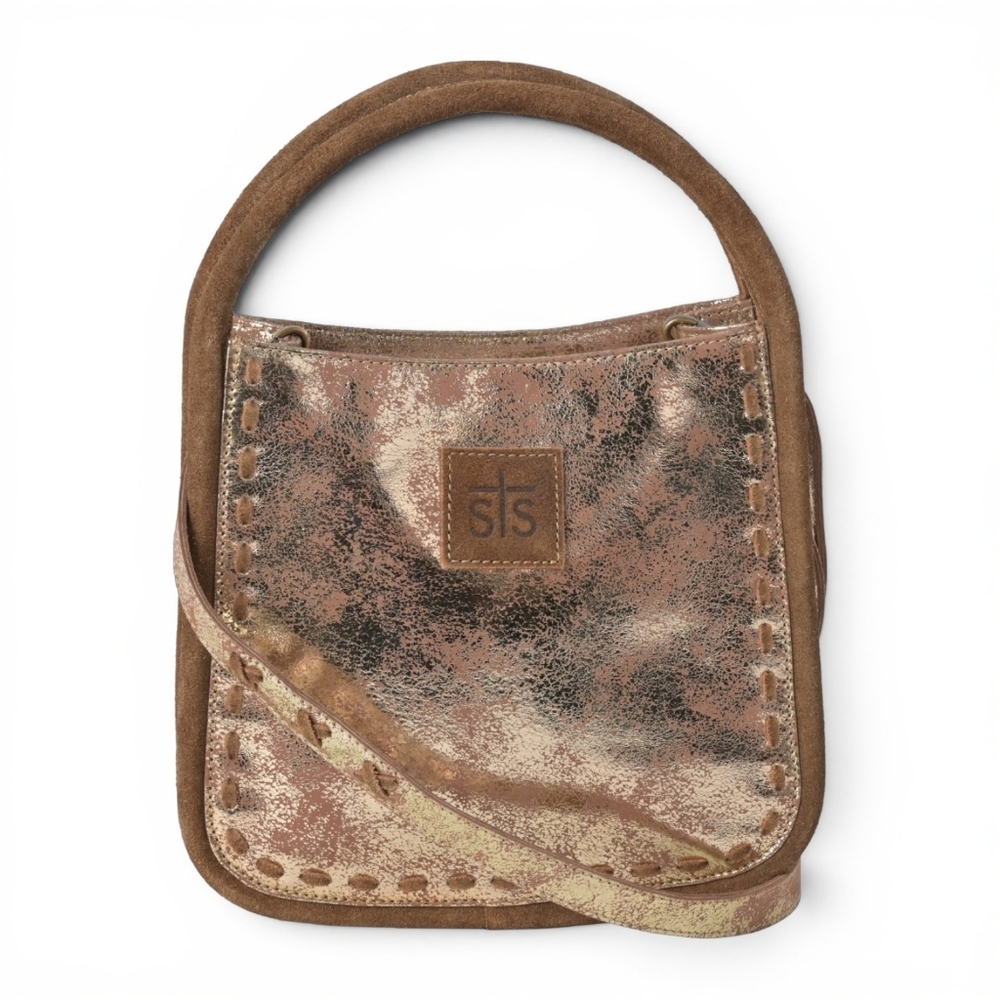 STS Gold Metallic Leather SuedeFlaxen Roan Sugar Crossbody Satchel Handbag NWOT - Picture 2 of 11